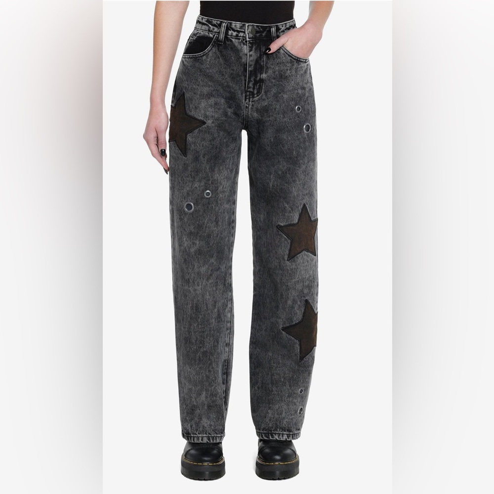 Black Star Grommet Wide Leg Denim Pants